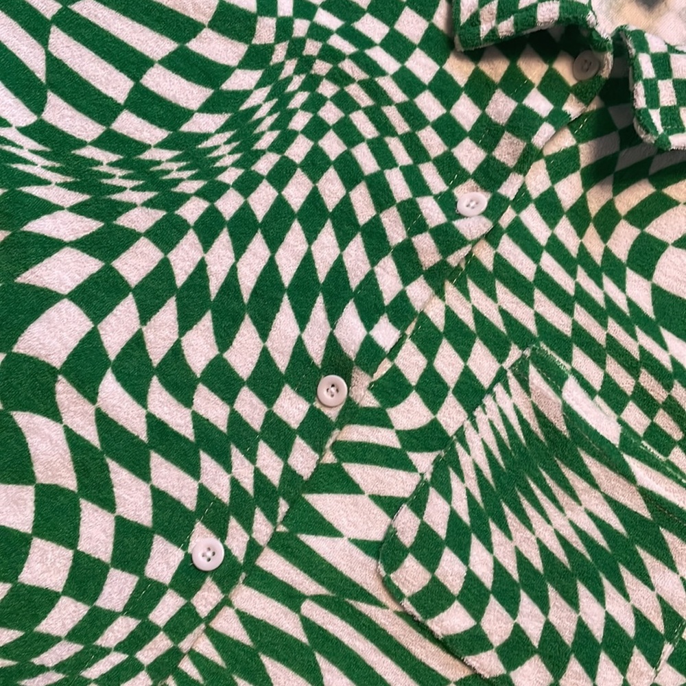 Rue+ Green And White Patterned Collared Button Do… - image 3